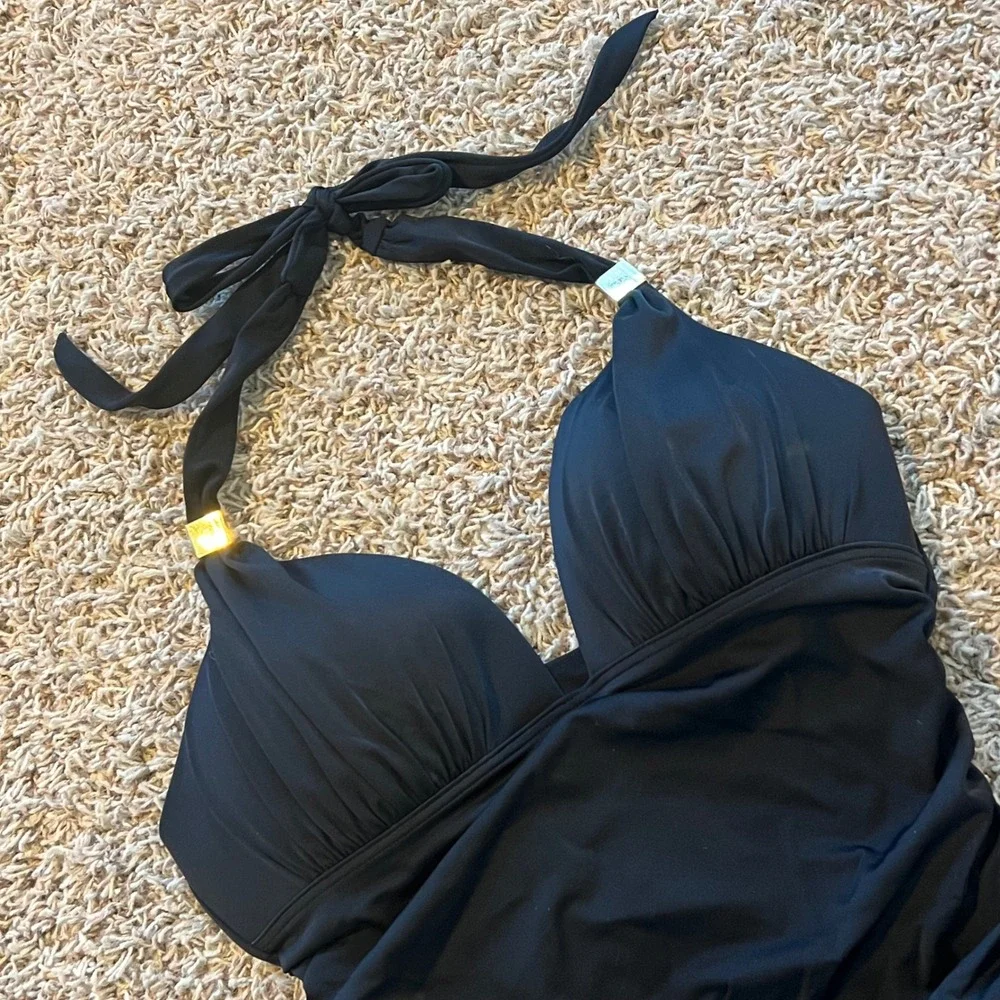 Victoria's Secret Black Ruched Halter One‎ Piece Swimsuit Gold Hardware Large
